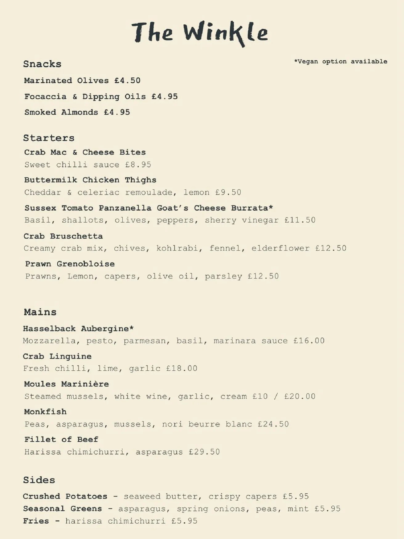 The Winkle menu, page 1