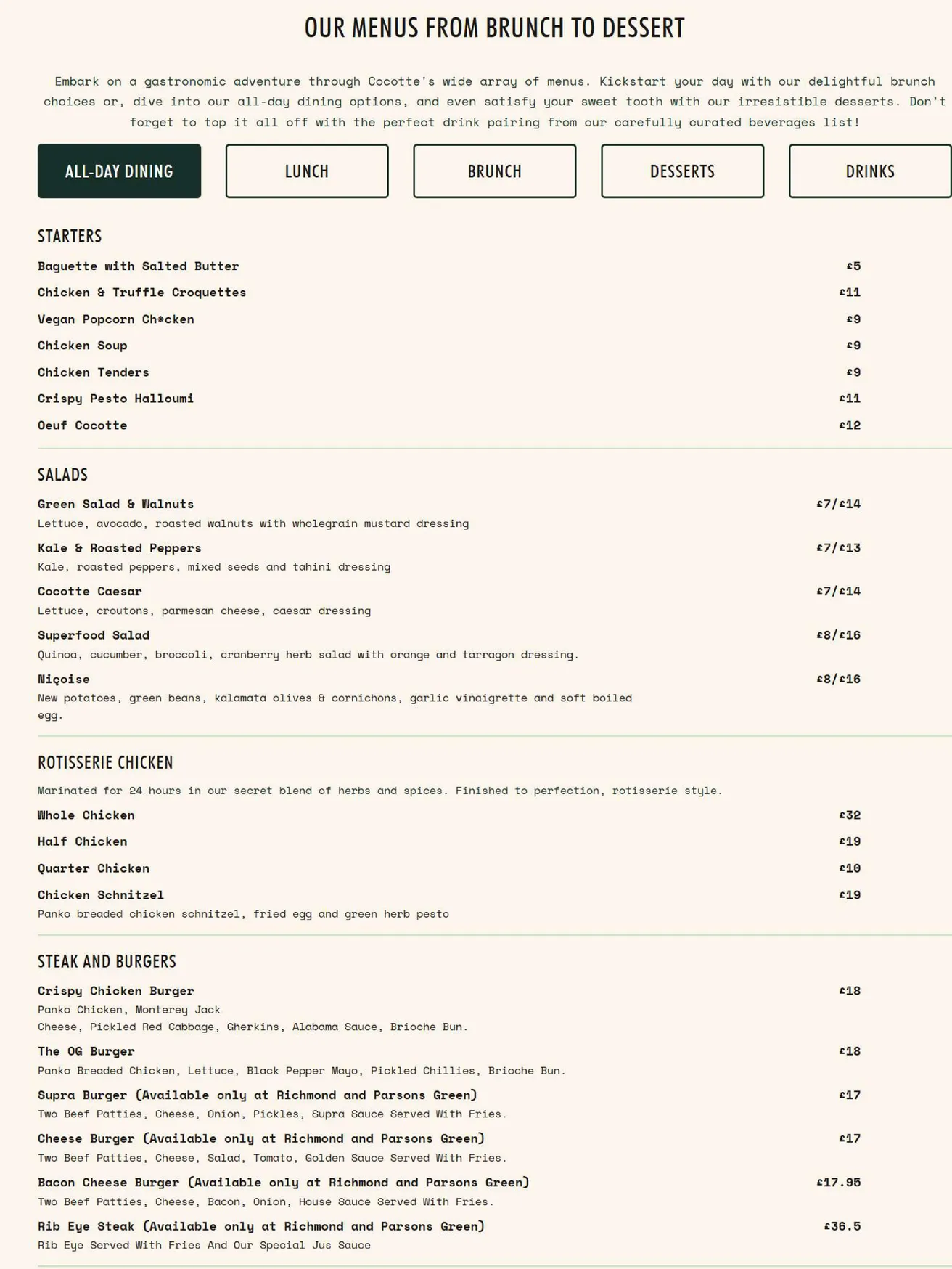 Cocotte Parsons Green menu, page 1