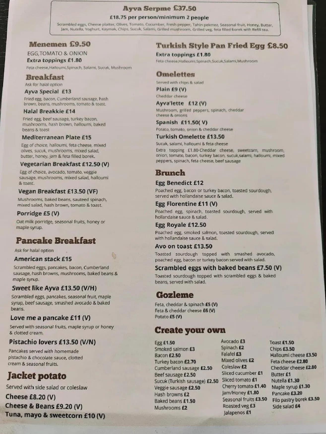 Ayva Bistro menu, page 1
