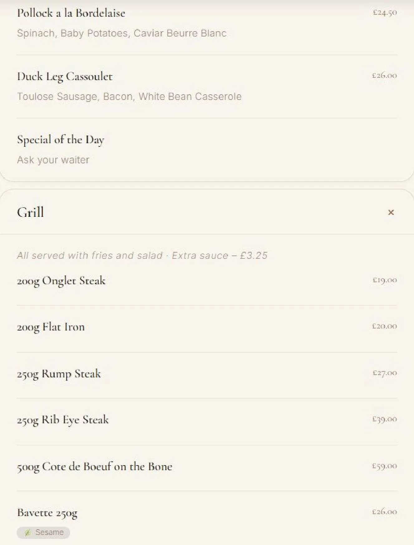 Bordelaise Ewell menu, page 4