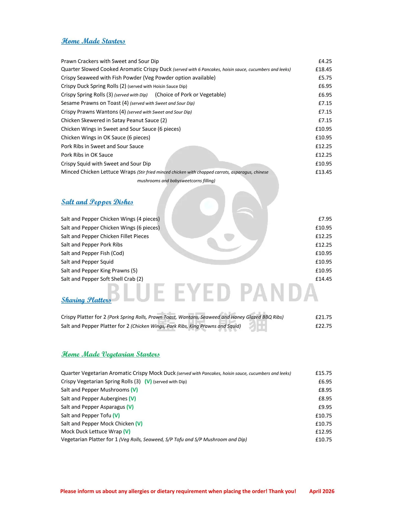 Blue Eyed Panda menu, page 1