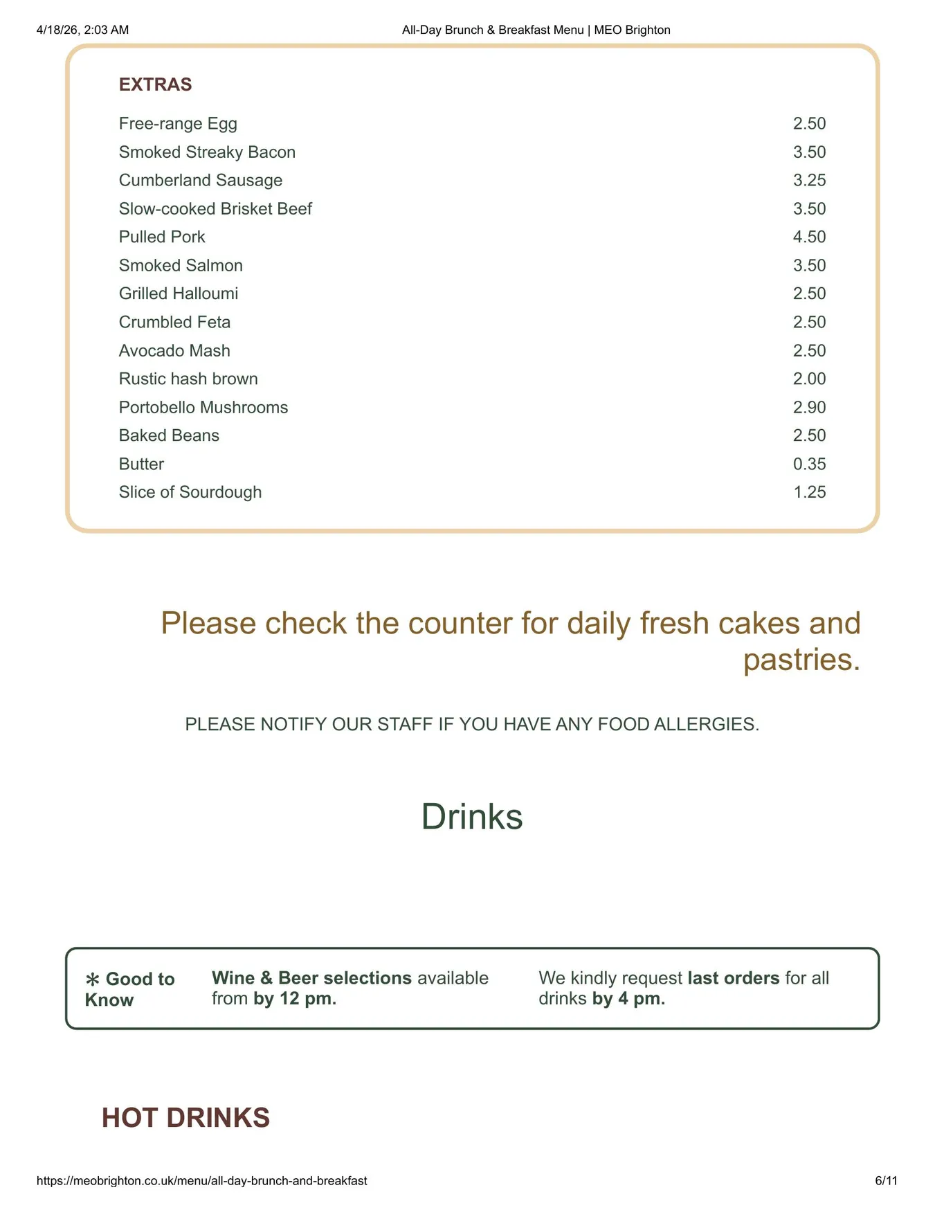 MEO Brighton menu, page 6