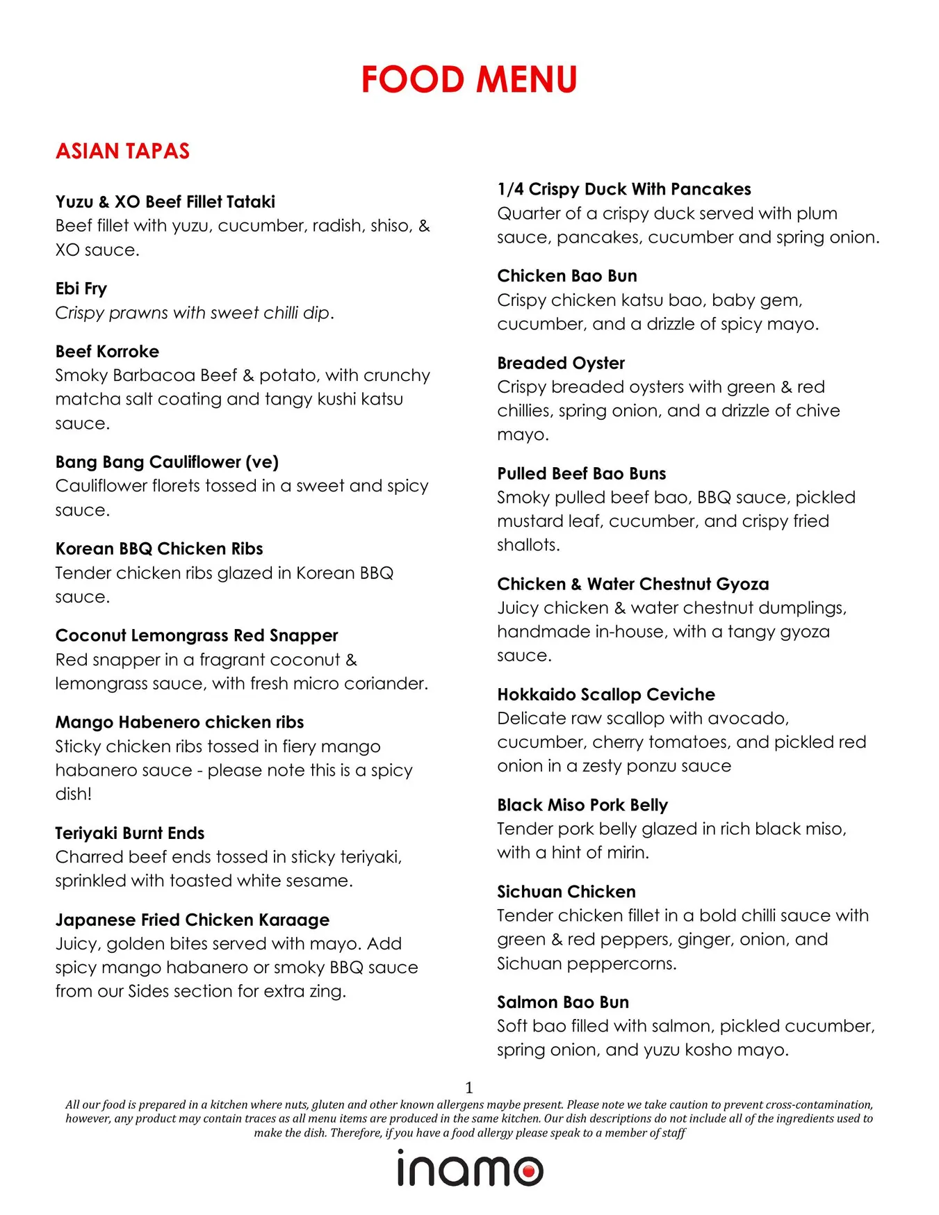 Inamo Soho menu, page 1