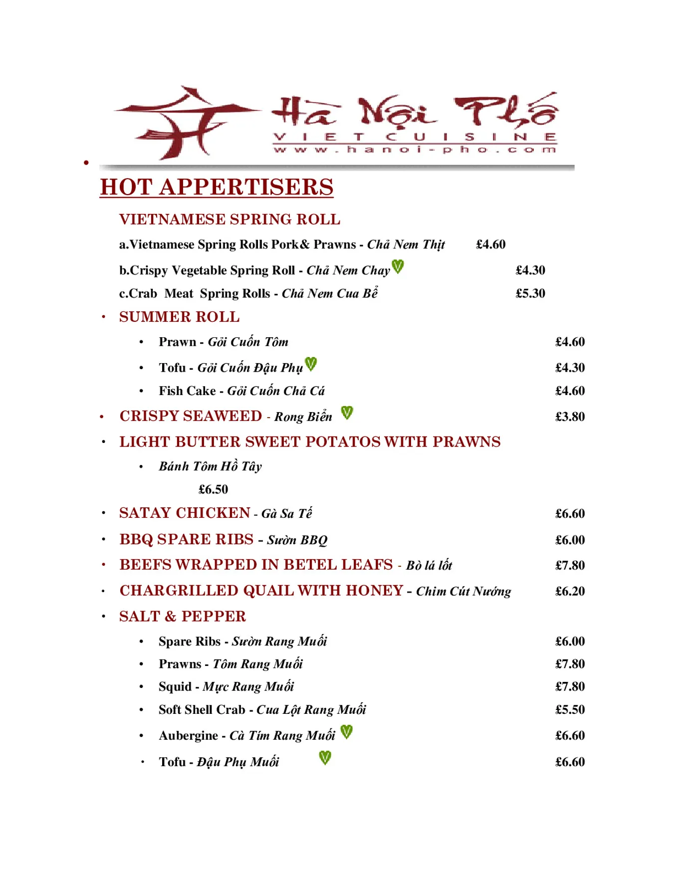 Ha Noi Pho - Hackney menu, page 1