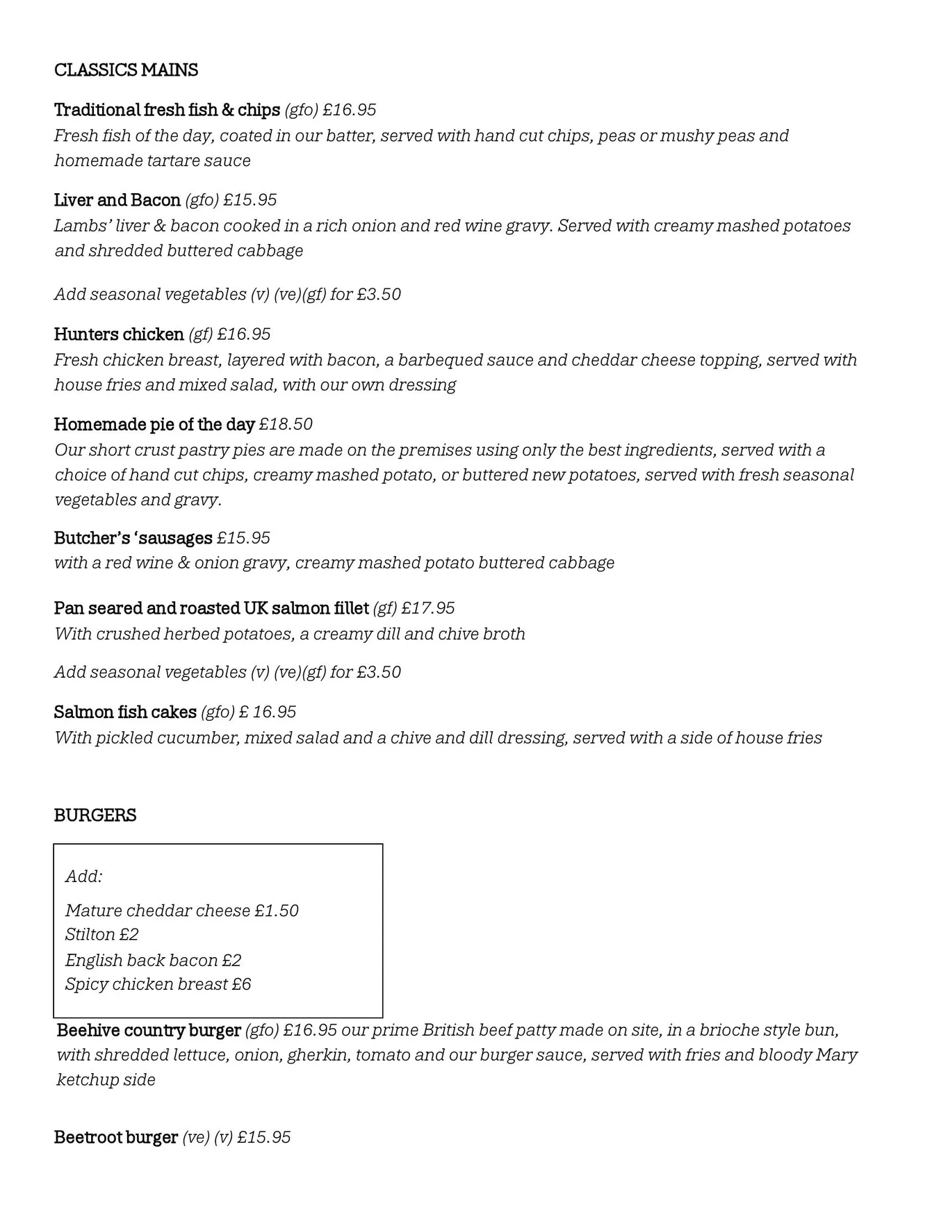 The Beehive menu, page 2