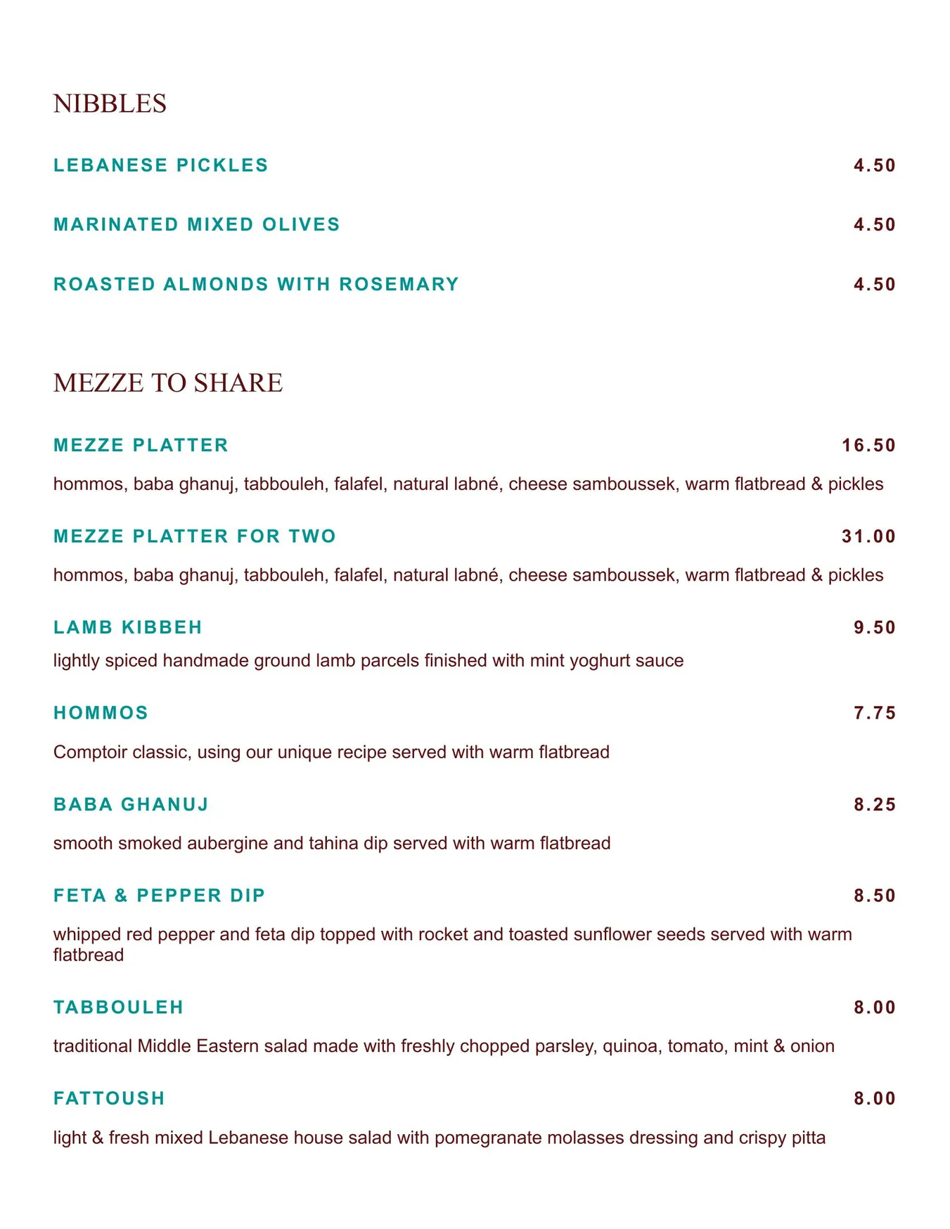 Comptoir Libanais menu, page 1