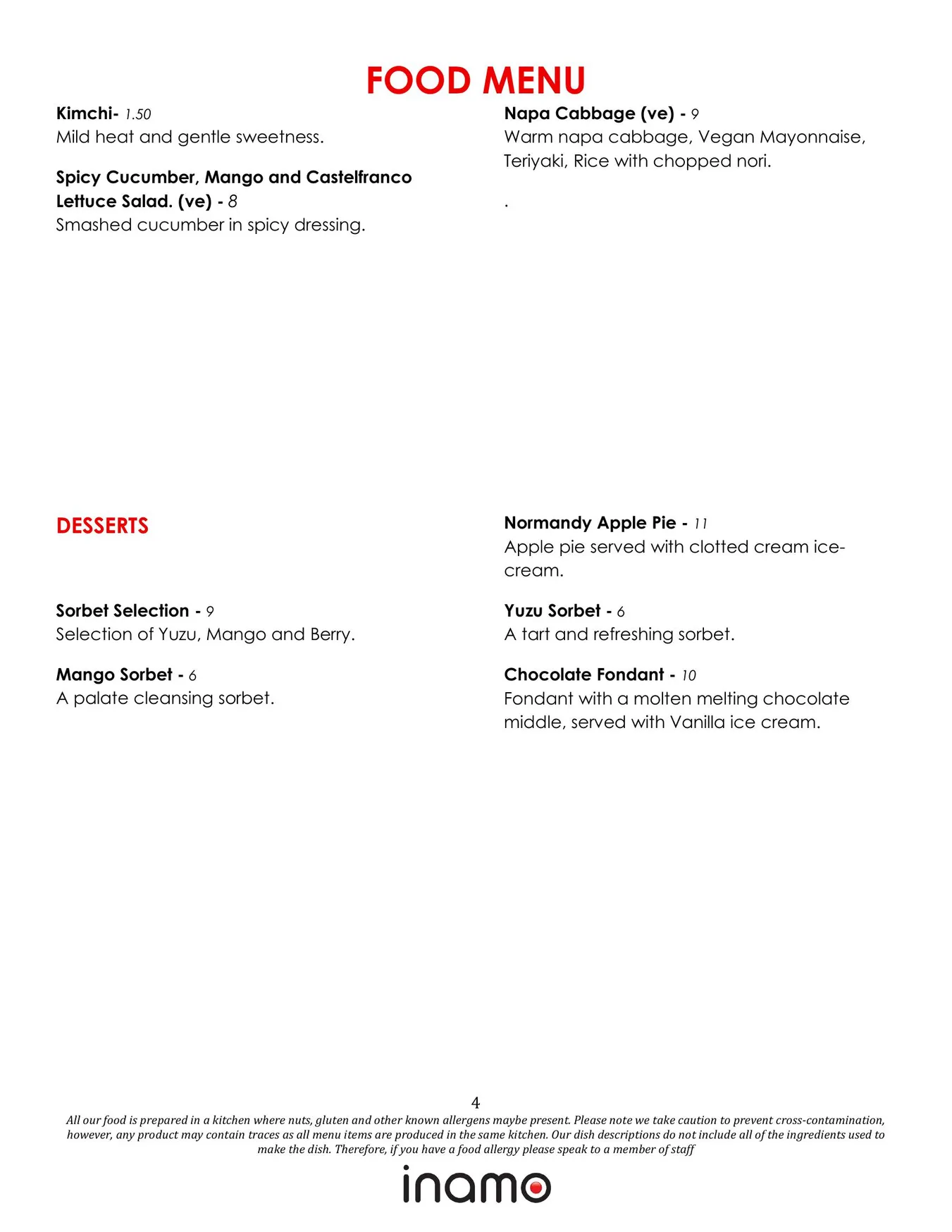 Inamo menu, page 4