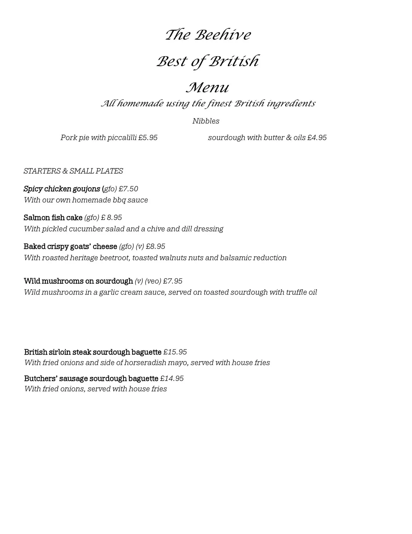 The Beehive menu, page 1
