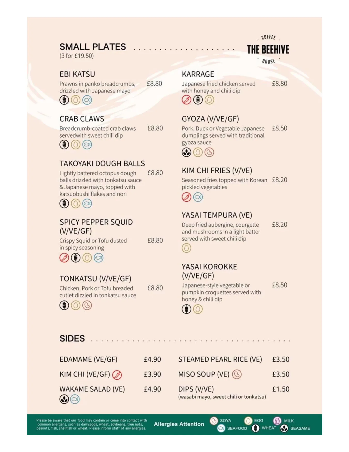 Beehive Asian Diner menu, page 1