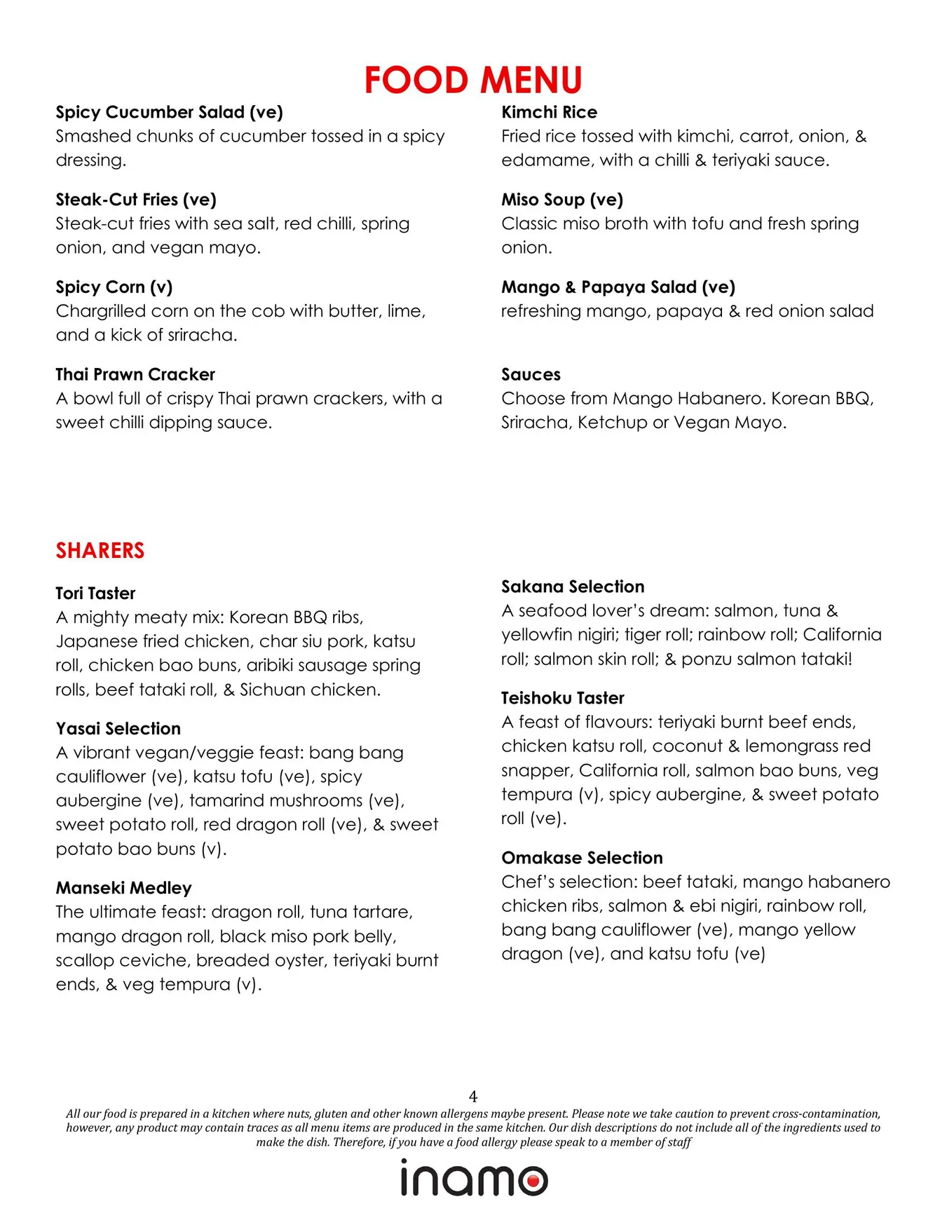 Inamo Soho menu, page 4