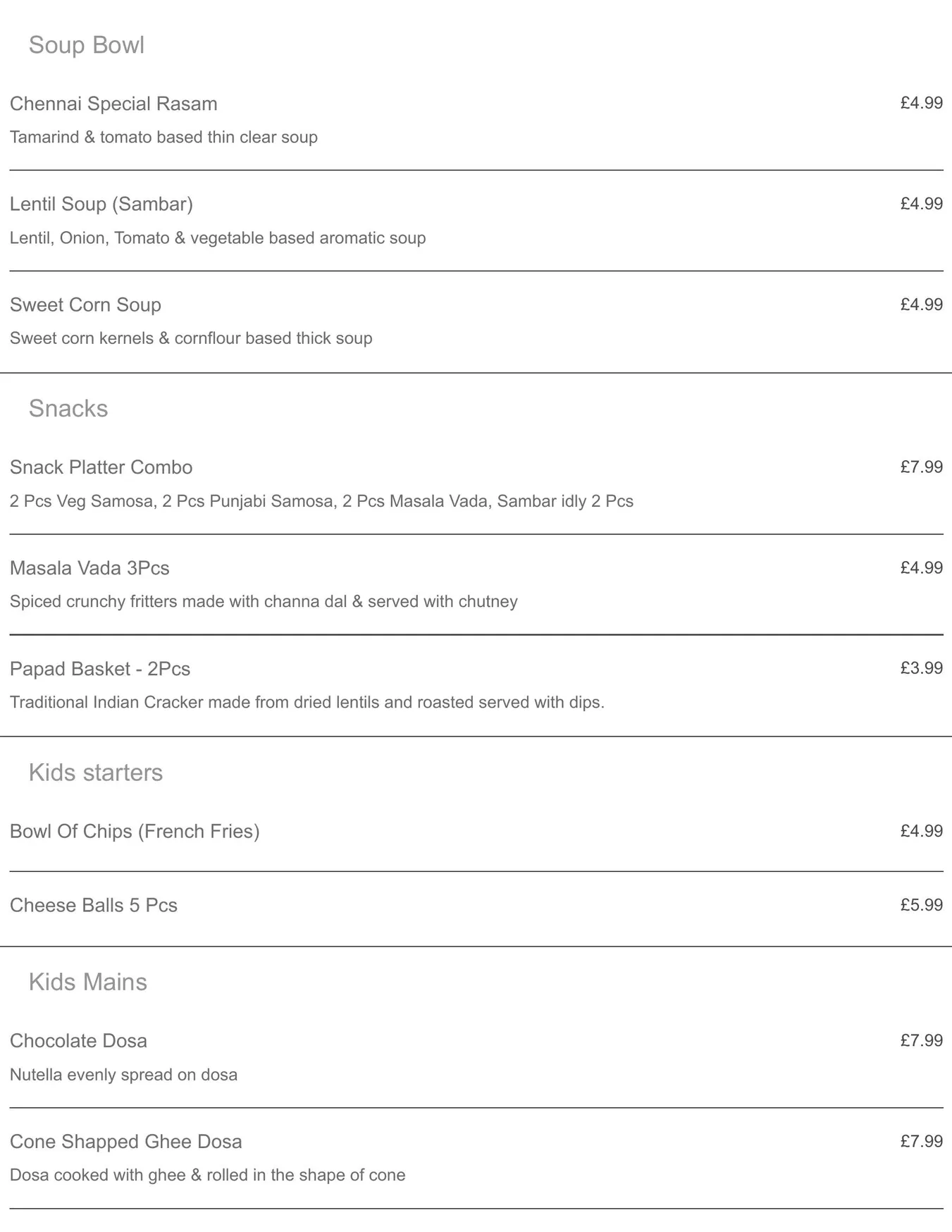 Crispy Dosa Solihull menu, page 1