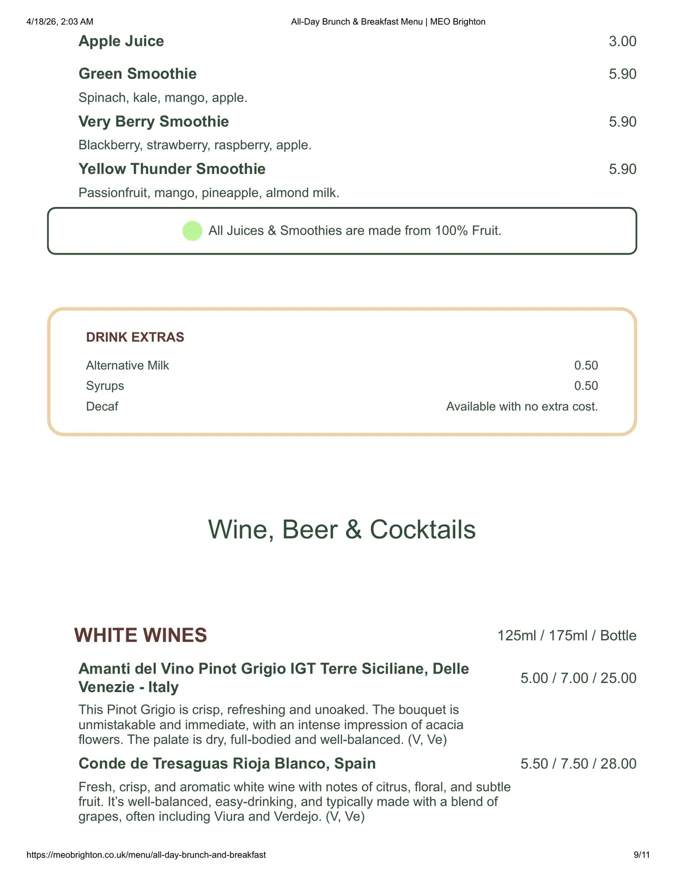 MEO Brighton menu, page 9