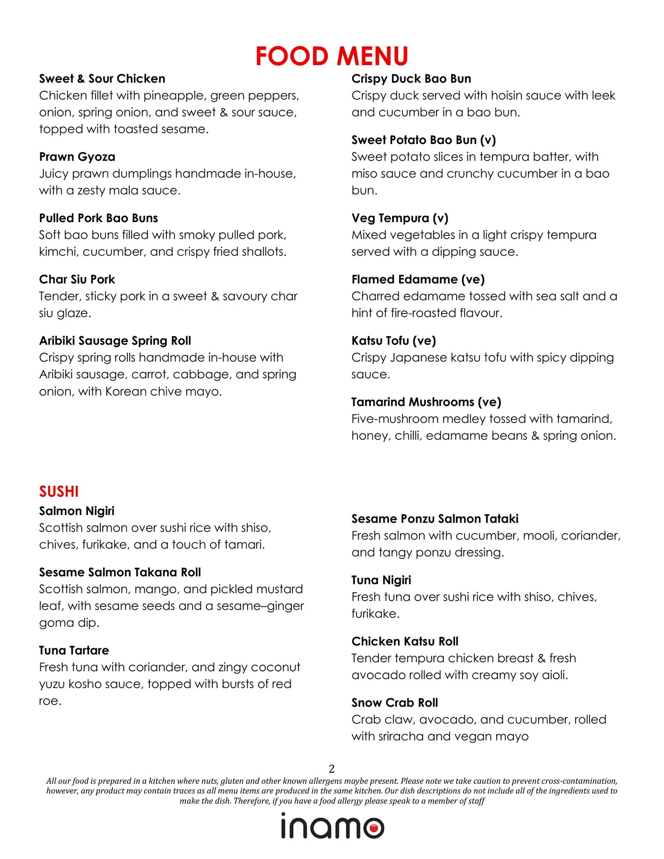 Inamo Soho menu, page 2