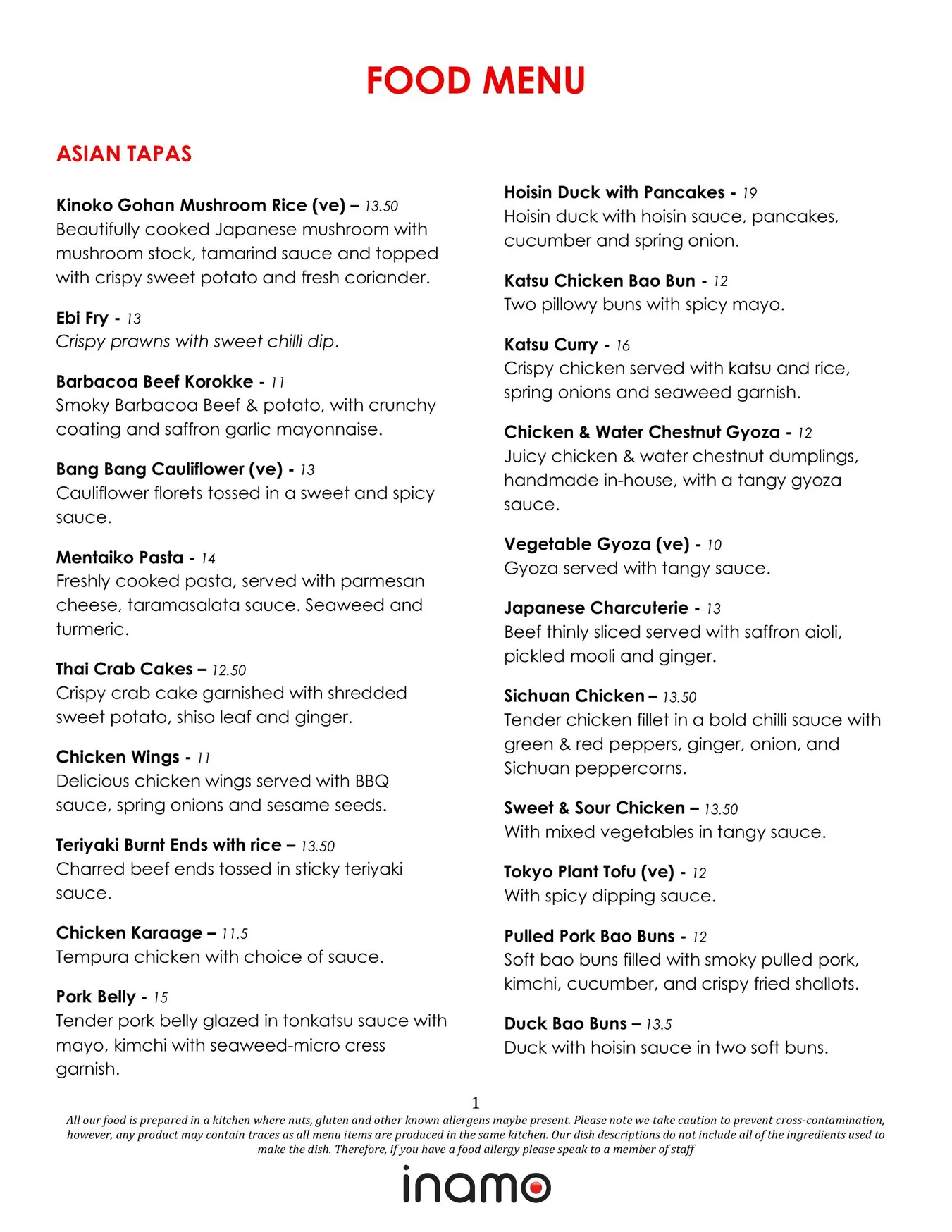 Inamo menu, page 1