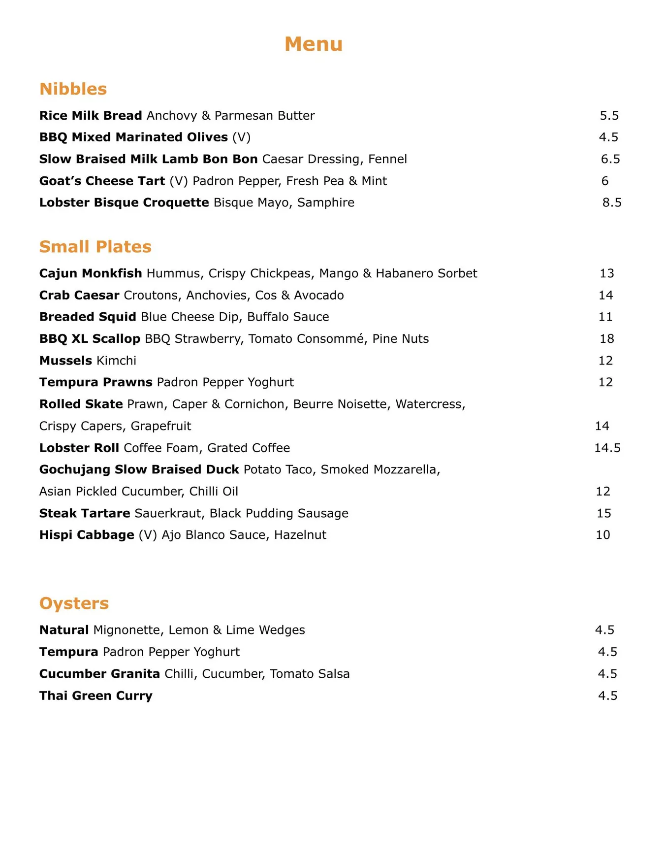 The Copper Clam menu, page 1