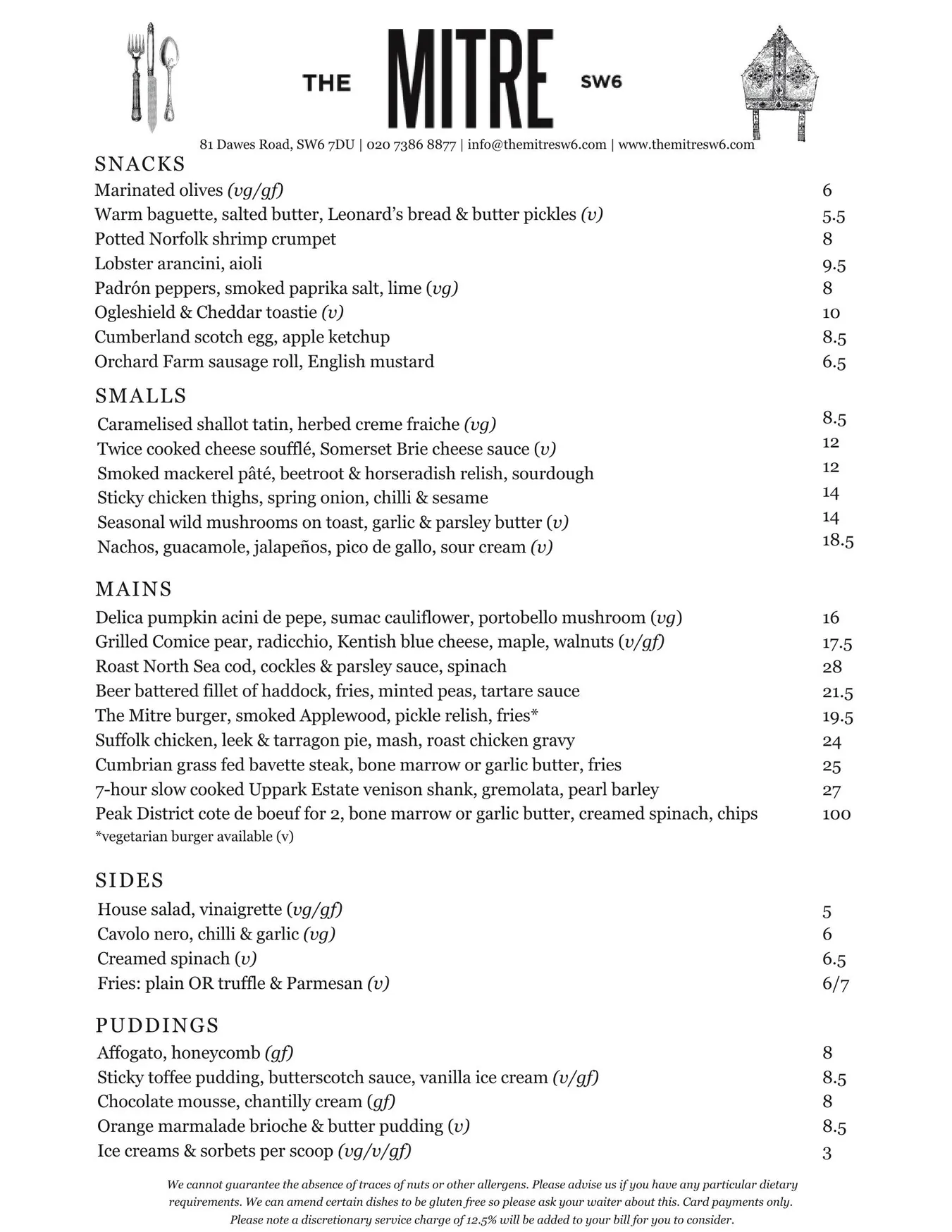 The Mitre Fulham menu, page 1