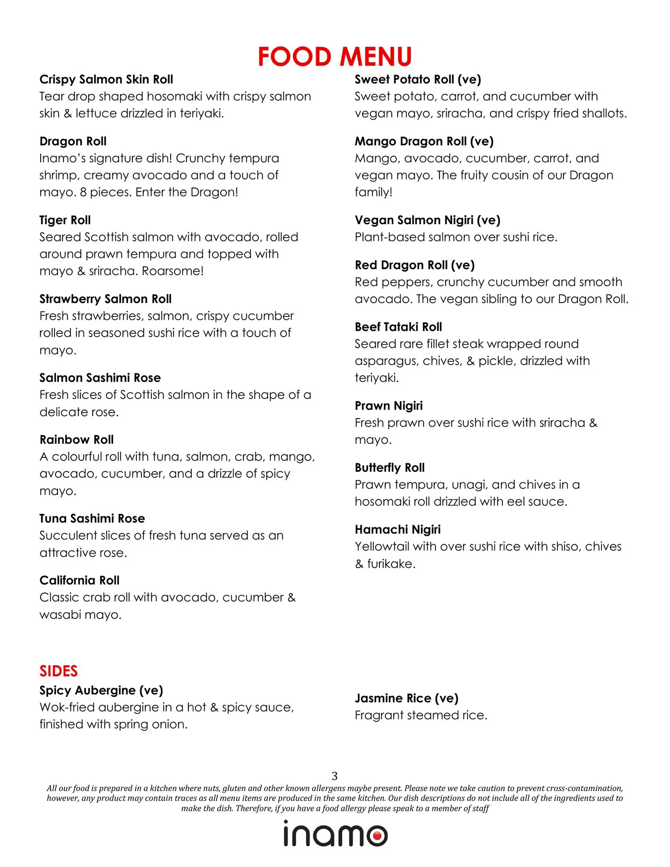 Inamo Soho menu, page 3
