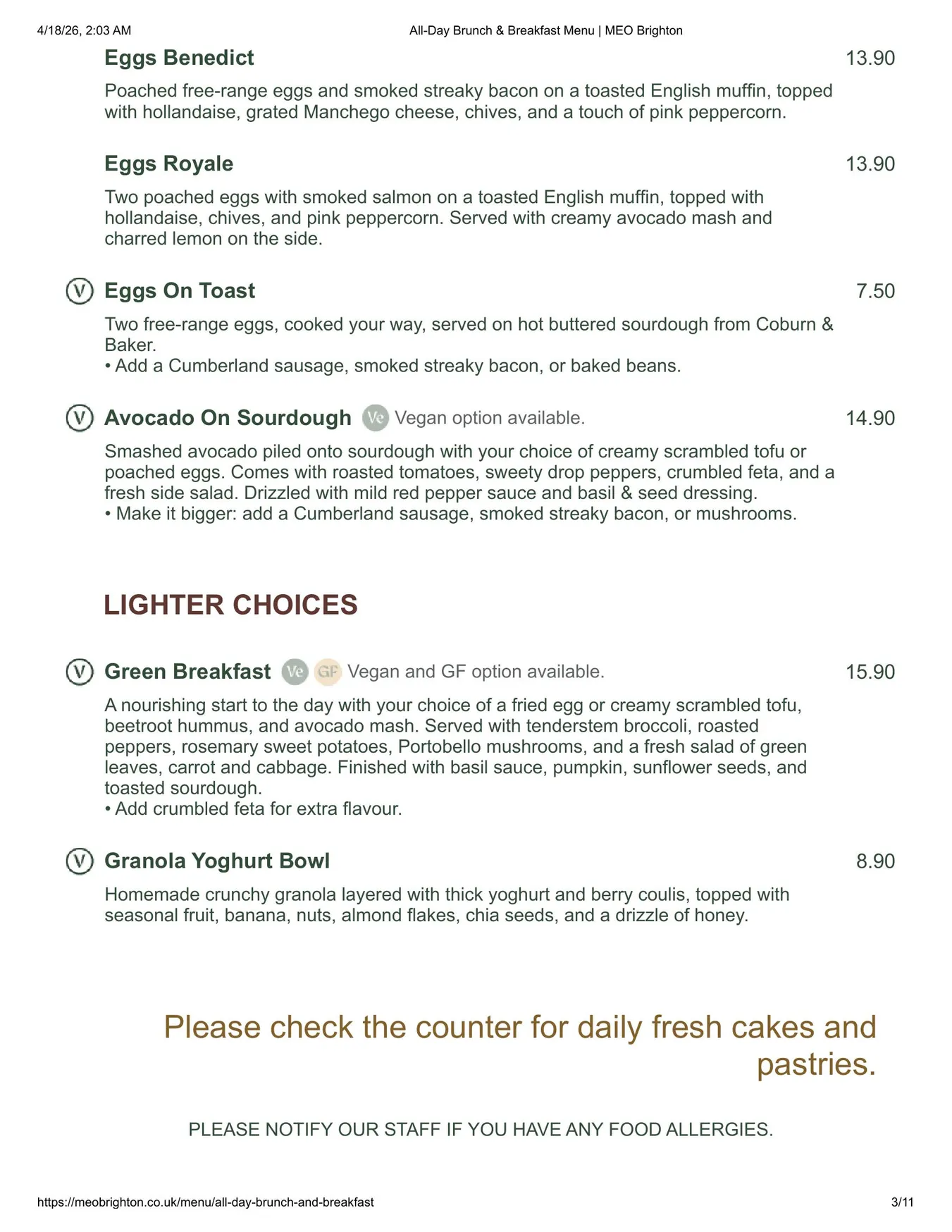 MEO Brighton menu, page 3