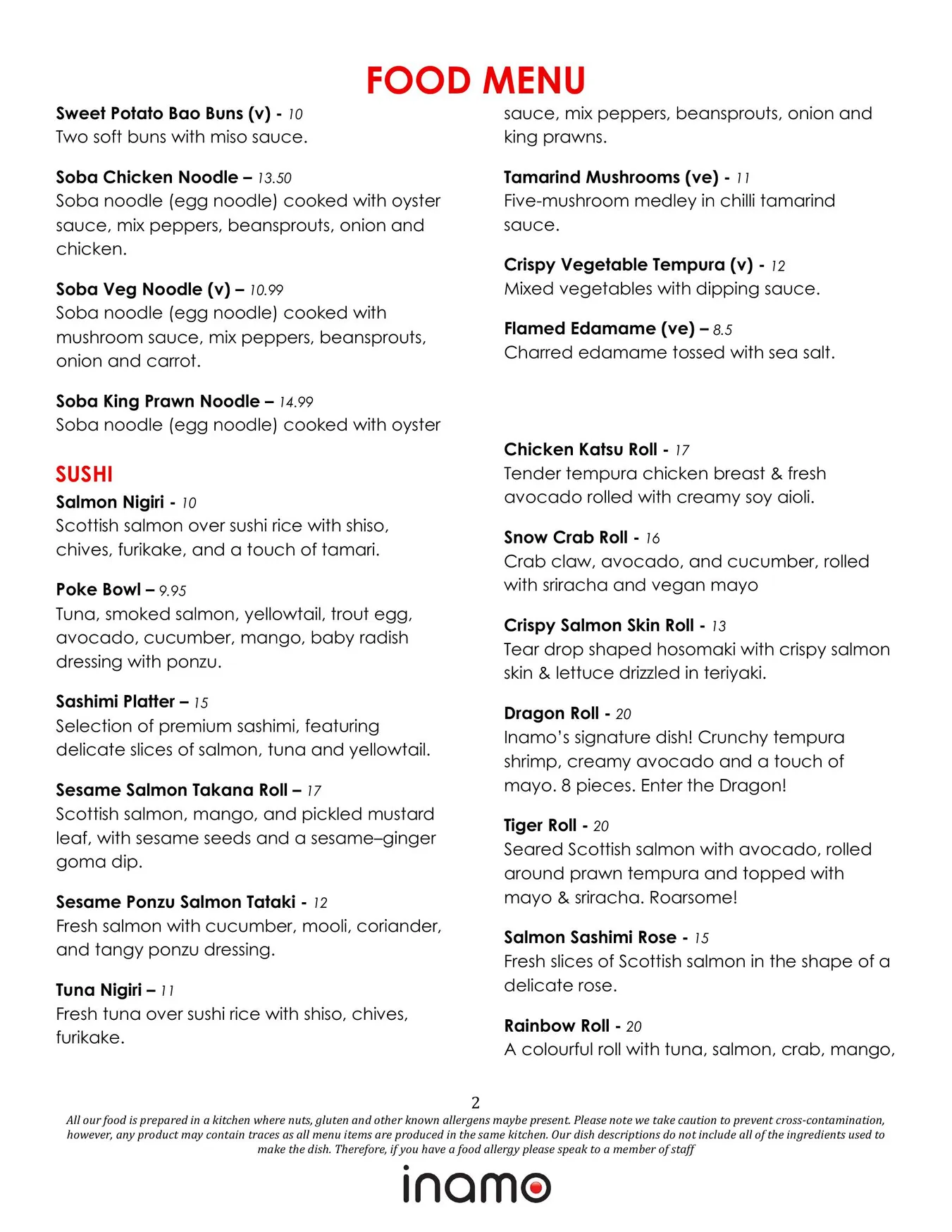 Inamo menu, page 2