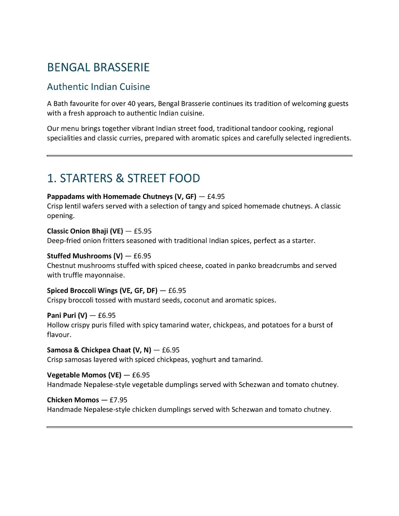 Bengal Brasserie menu, page 1