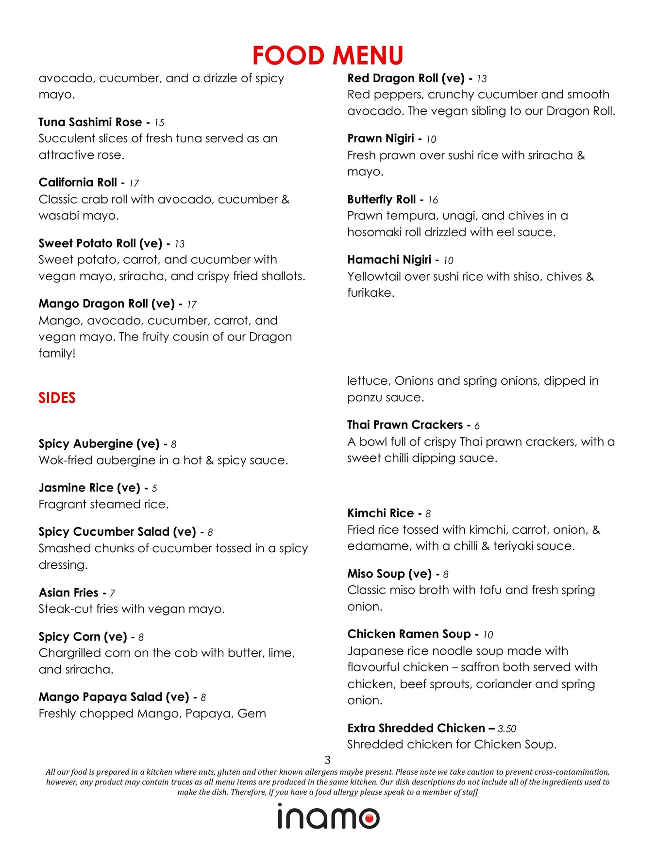 Inamo menu, page 3