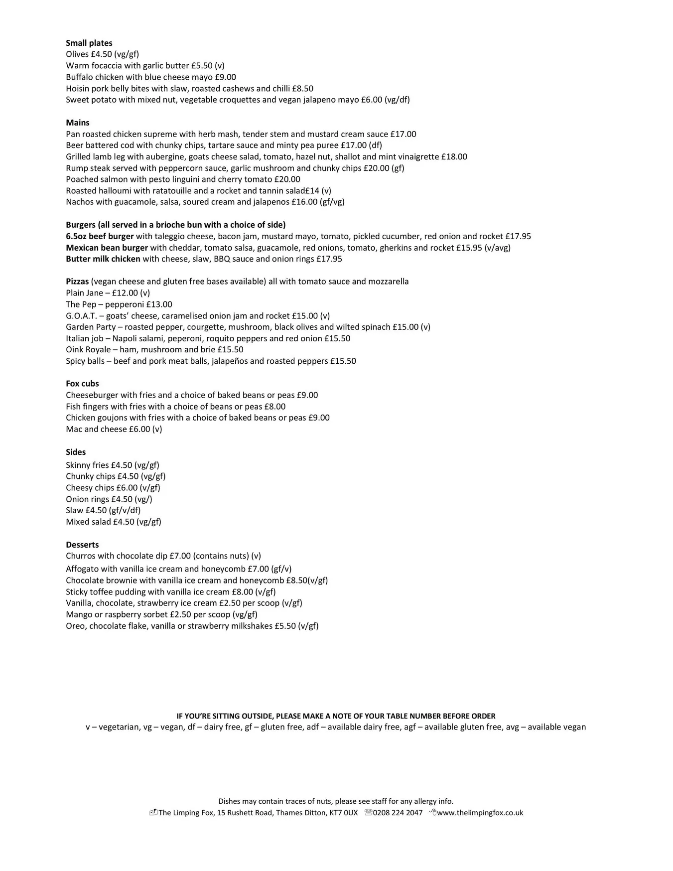 The Limping Fox menu, page 1