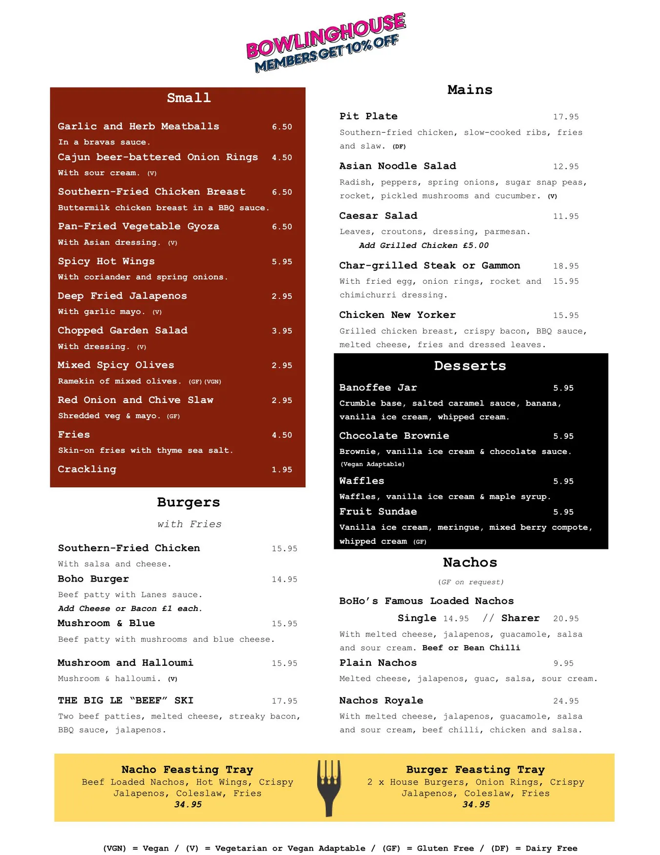 Bowling House menu, page 1