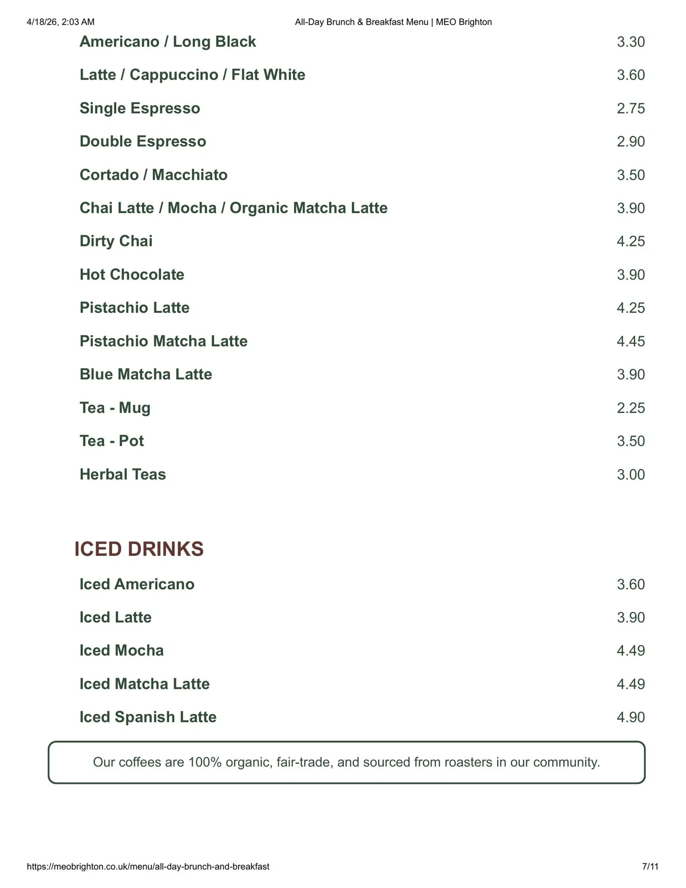 MEO Brighton menu, page 7