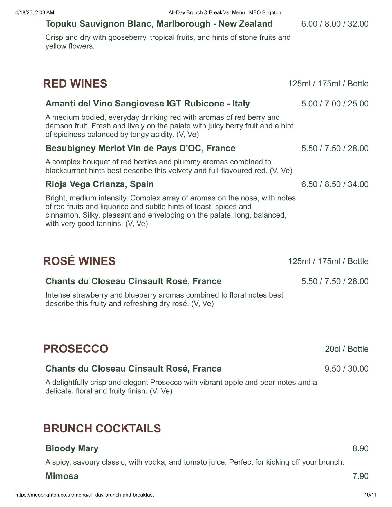MEO Brighton menu, page 10