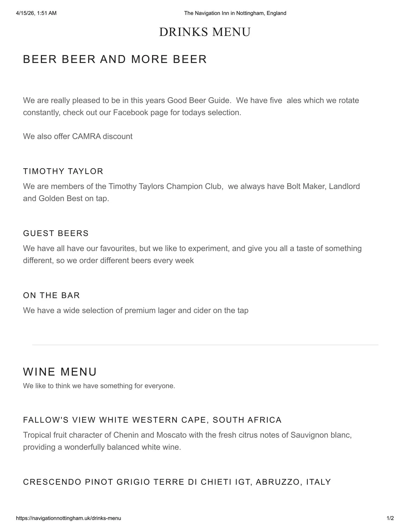 The Navigation Inn menu, page 3