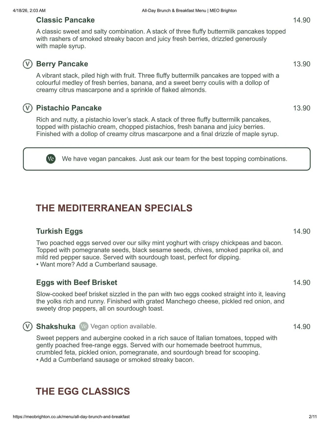 MEO Brighton menu, page 2