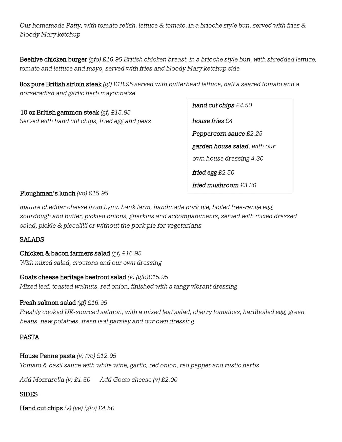 The Beehive menu, page 3