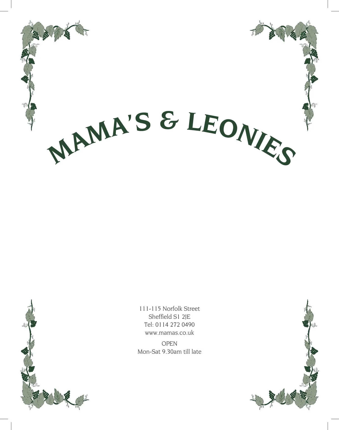 Mama's and Leonies menu, page 1