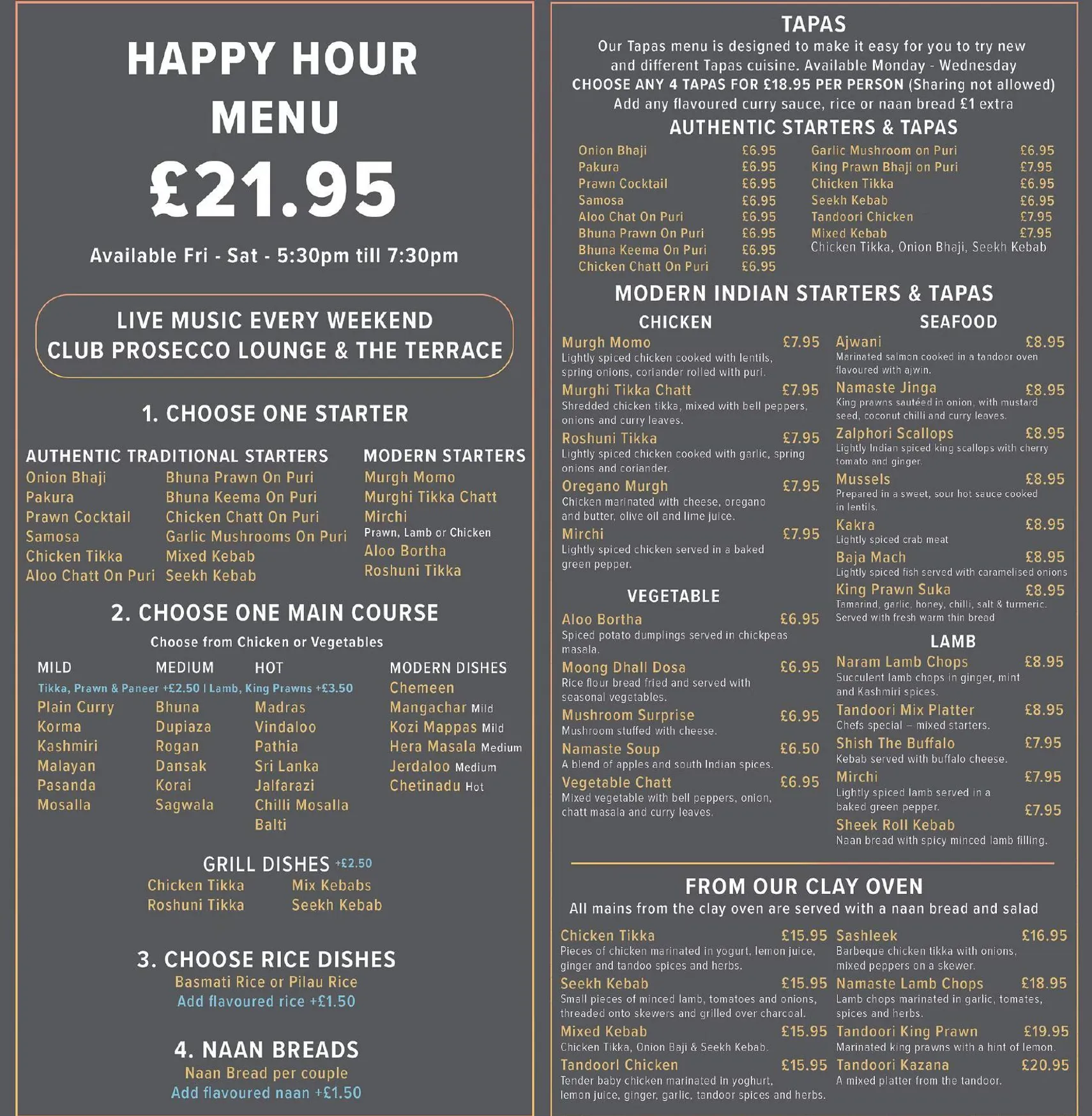 Namaste Prosecco Lounge menu, page 1