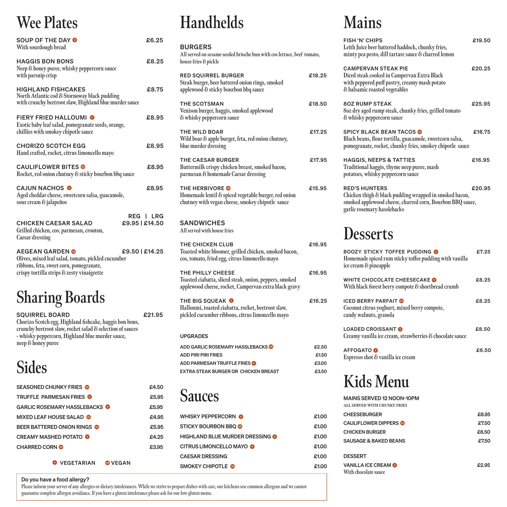 Red Squirrel menu, page 1