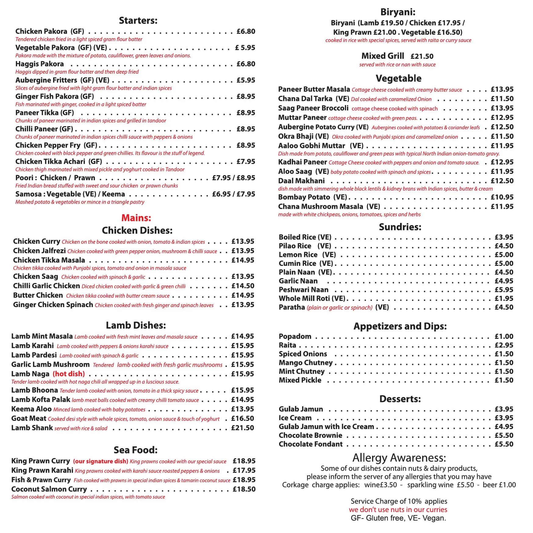 Curry Cottage menu, page 1
