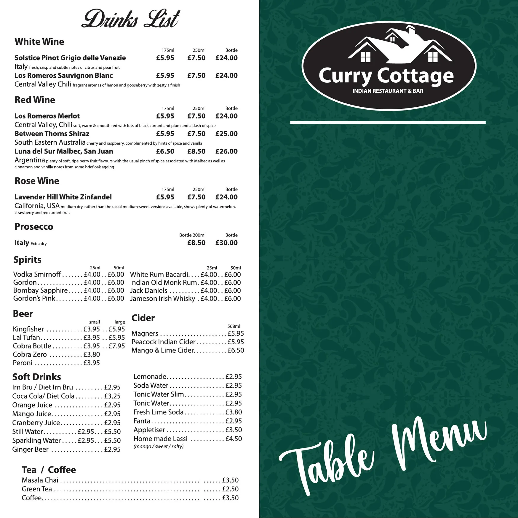Curry Cottage menu, page 2