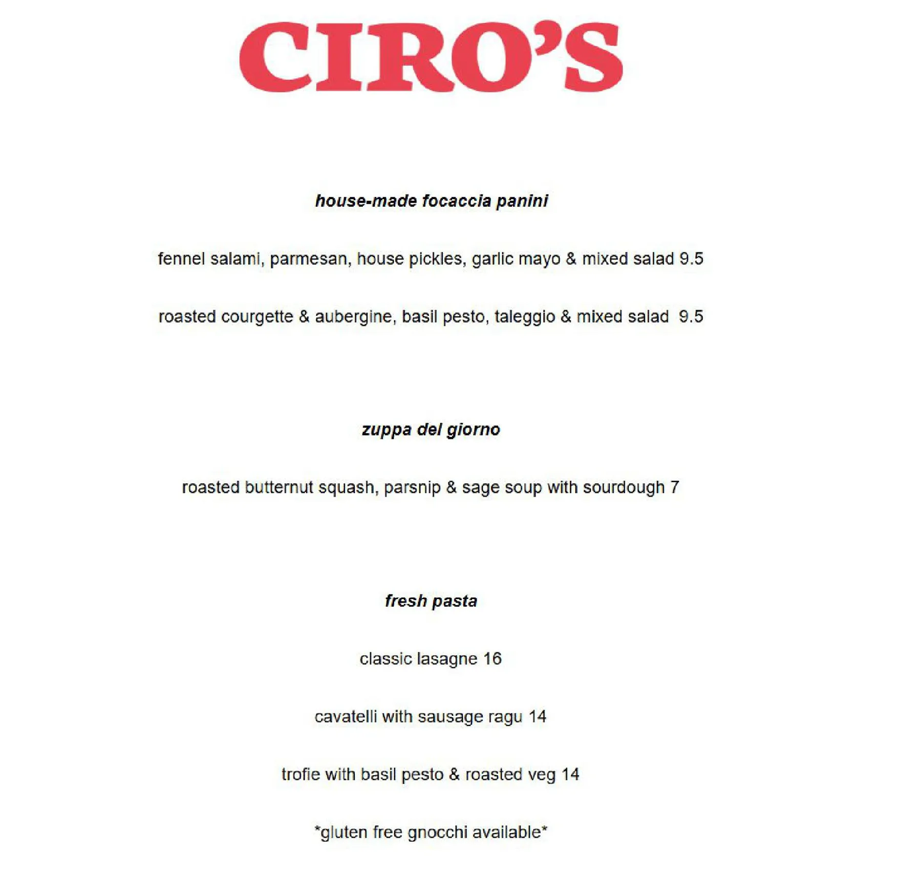 CIRO'S menu, page 1