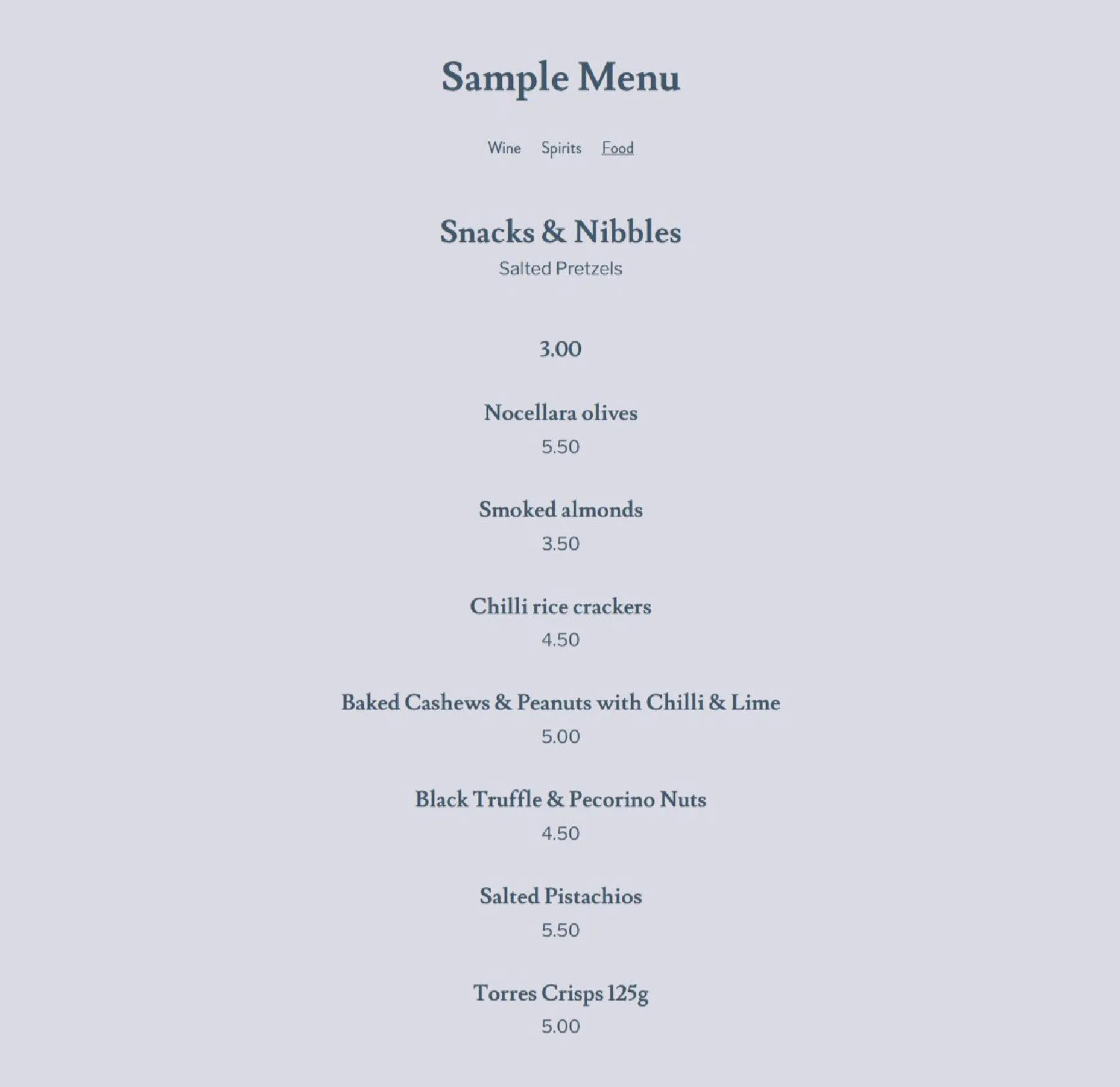 The Wine Room menu, page 1