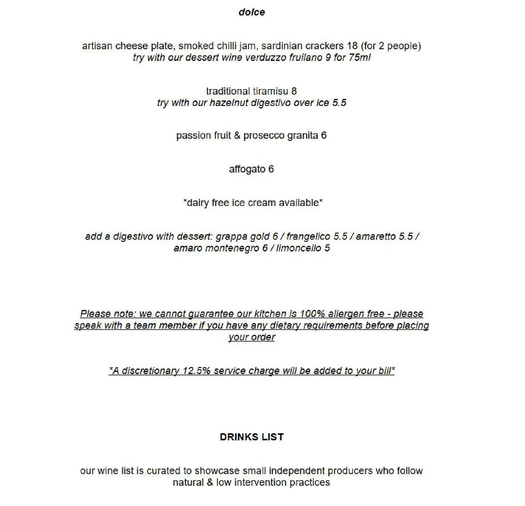 CIRO'S menu, page 3
