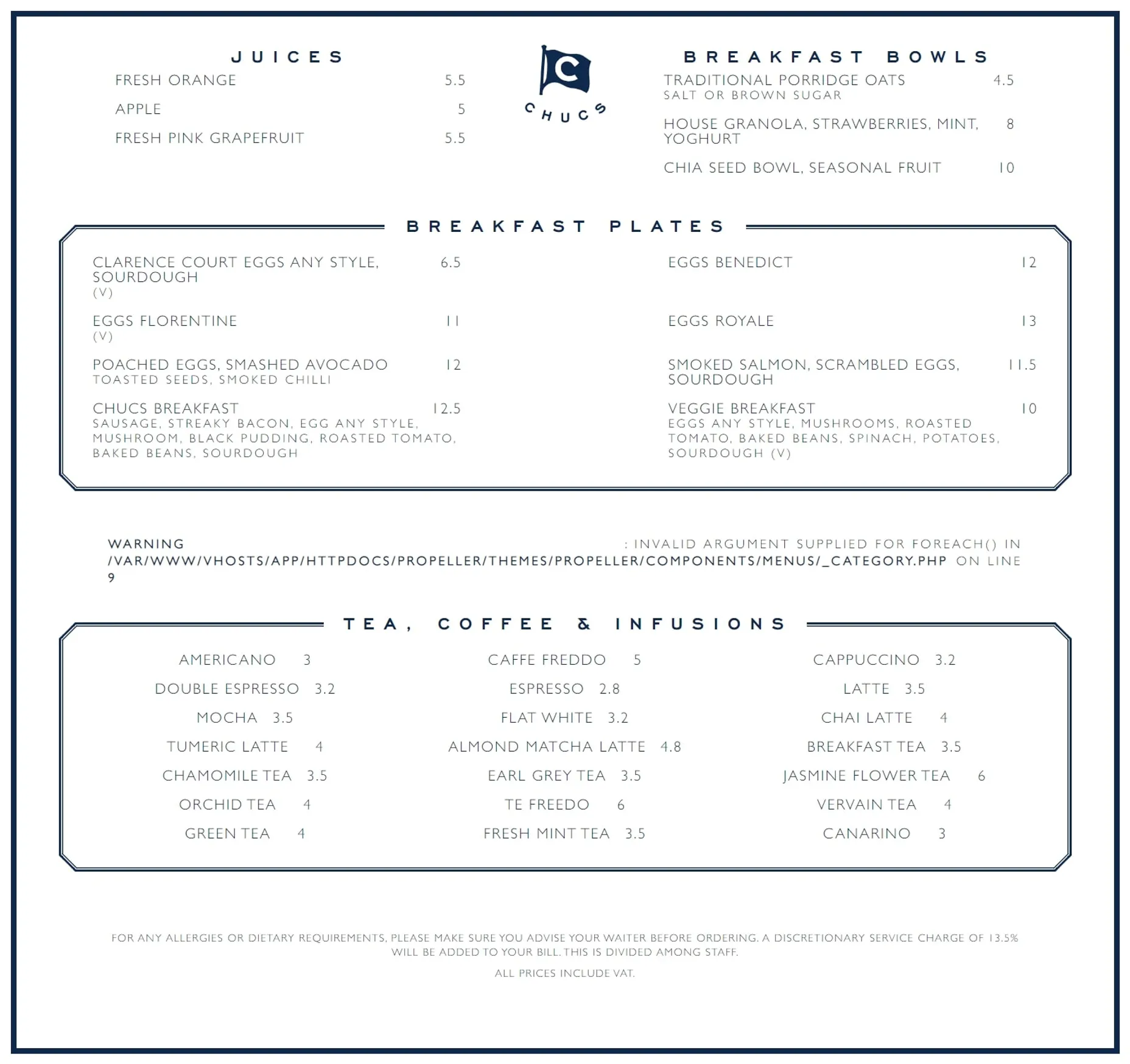 Chucs Westbourne Grove menu, page 1