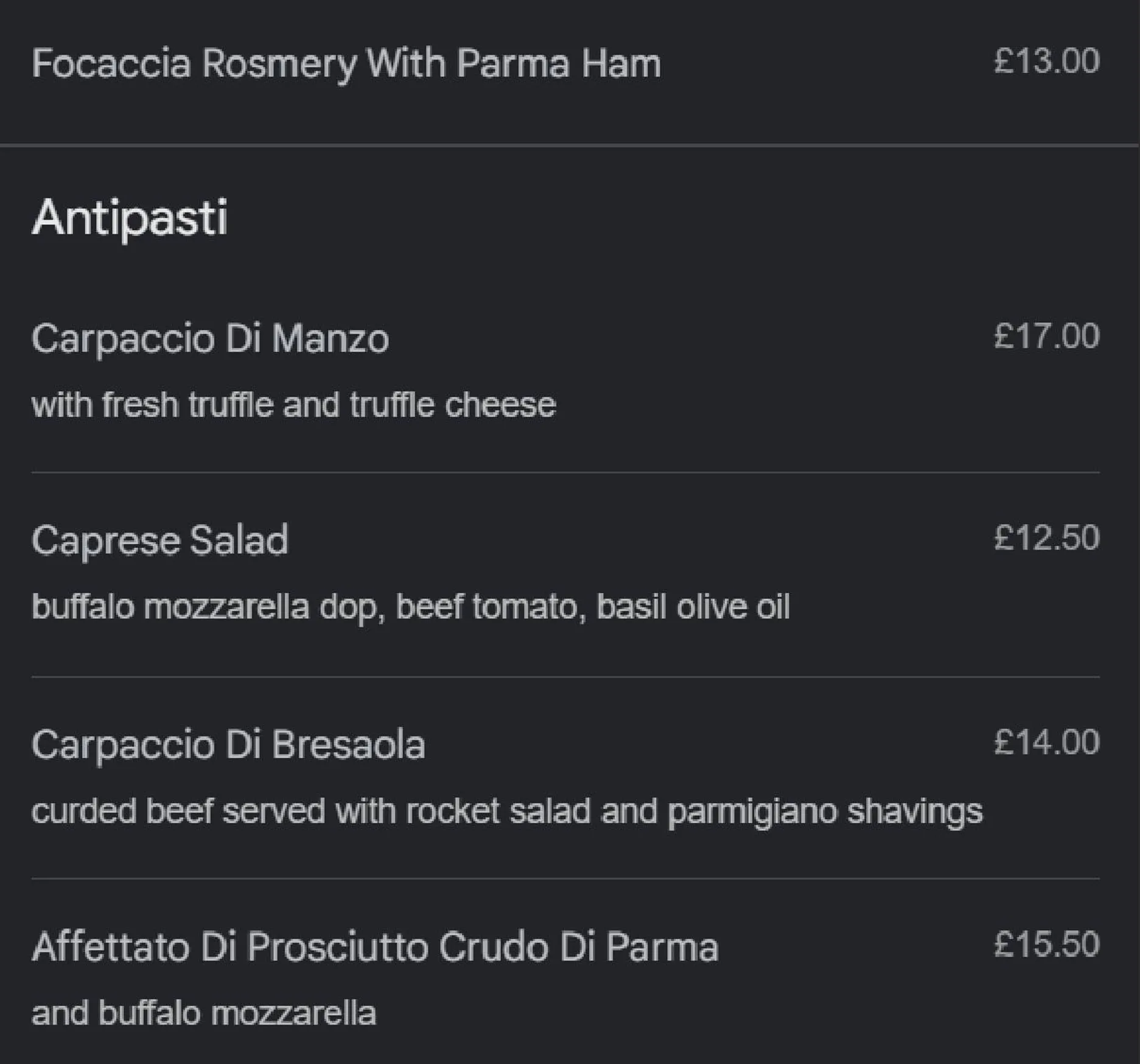 A Tavola menu, page 6