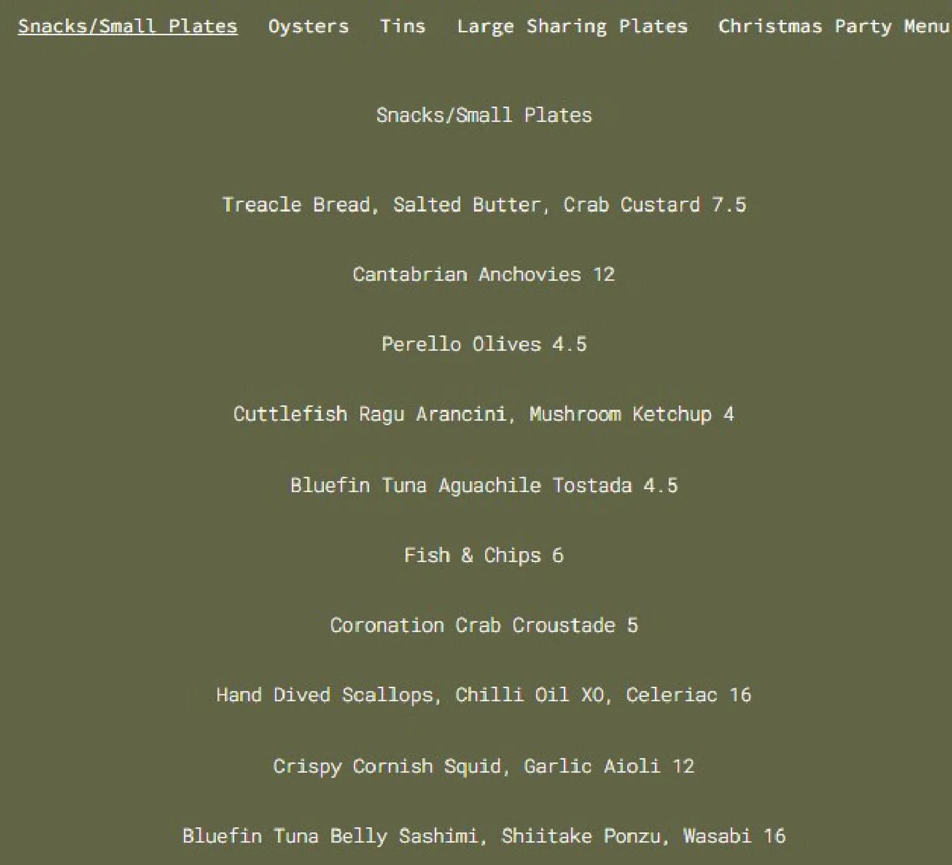 One Fish Street menu, page 1