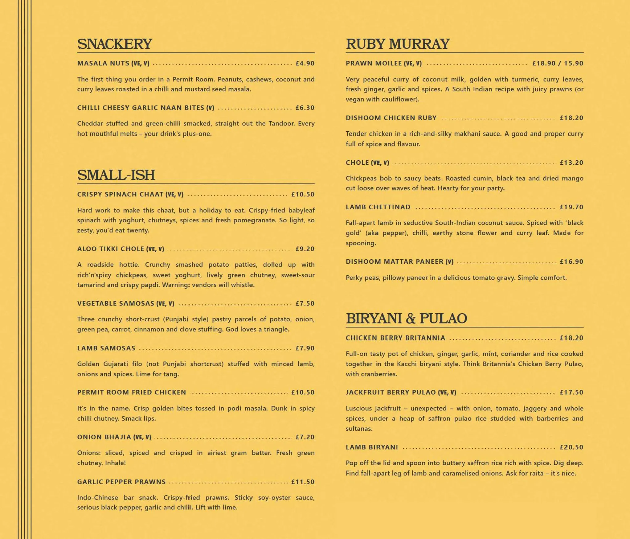 Dishoom Permit Room menu, page 1