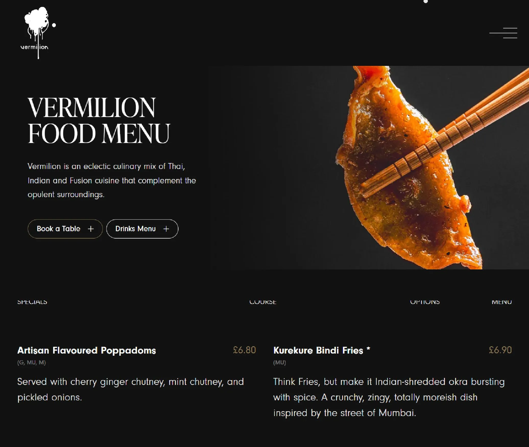 Vermilion menu, page 1