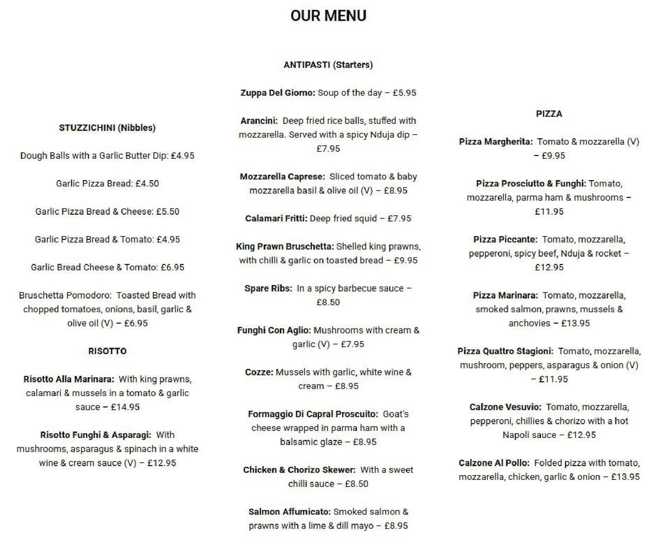 The Italian Room menu, page 1