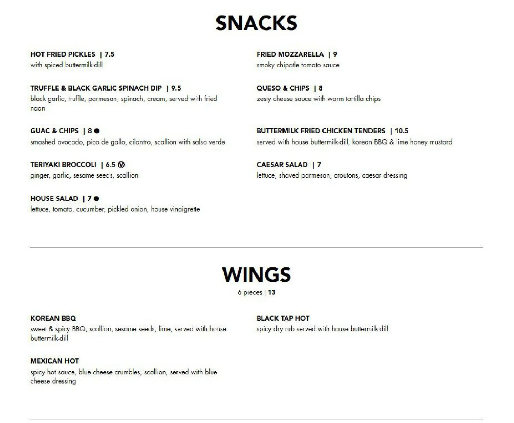Black Tap menu, page 1
