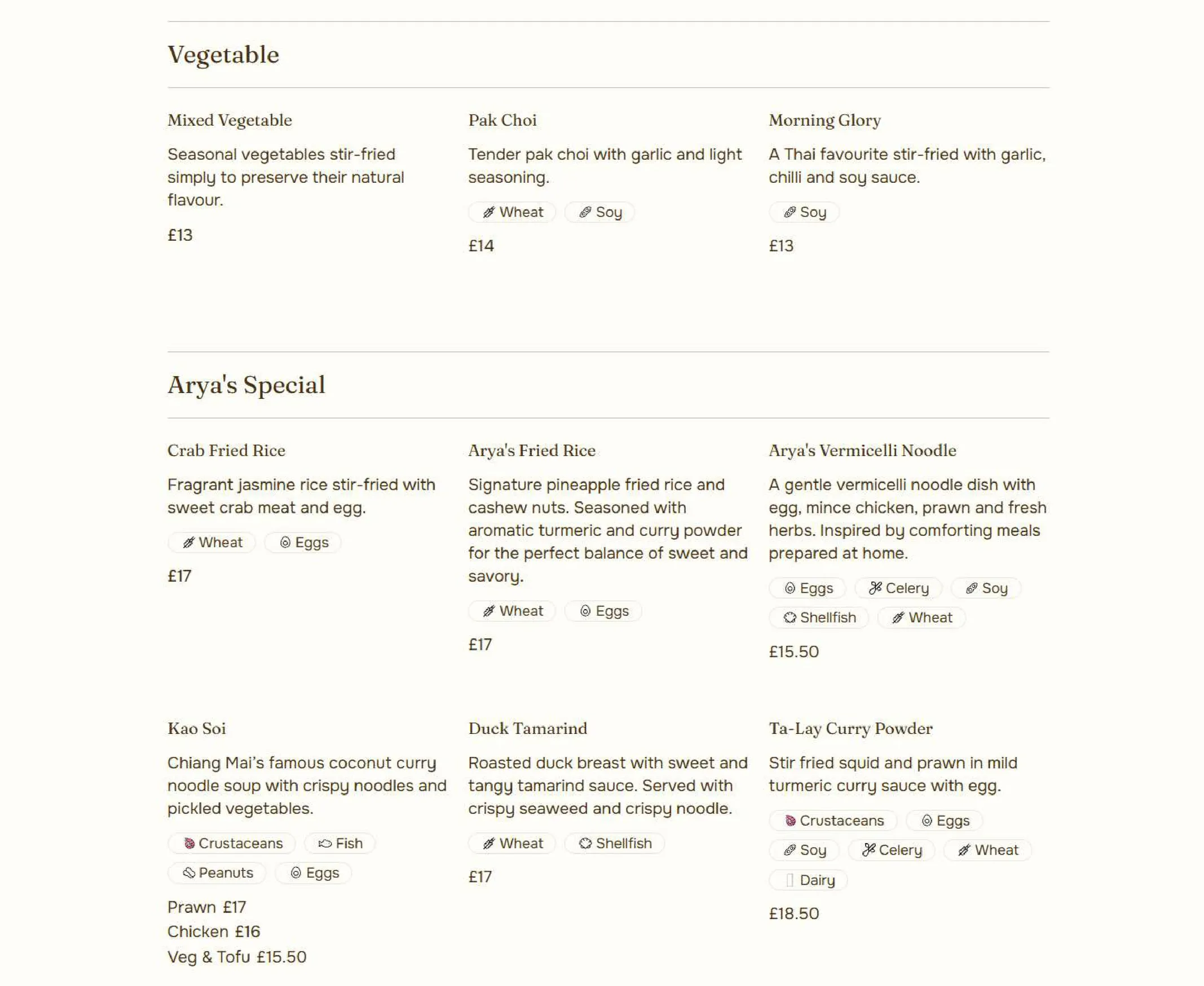 Arya Thai menu, page 4
