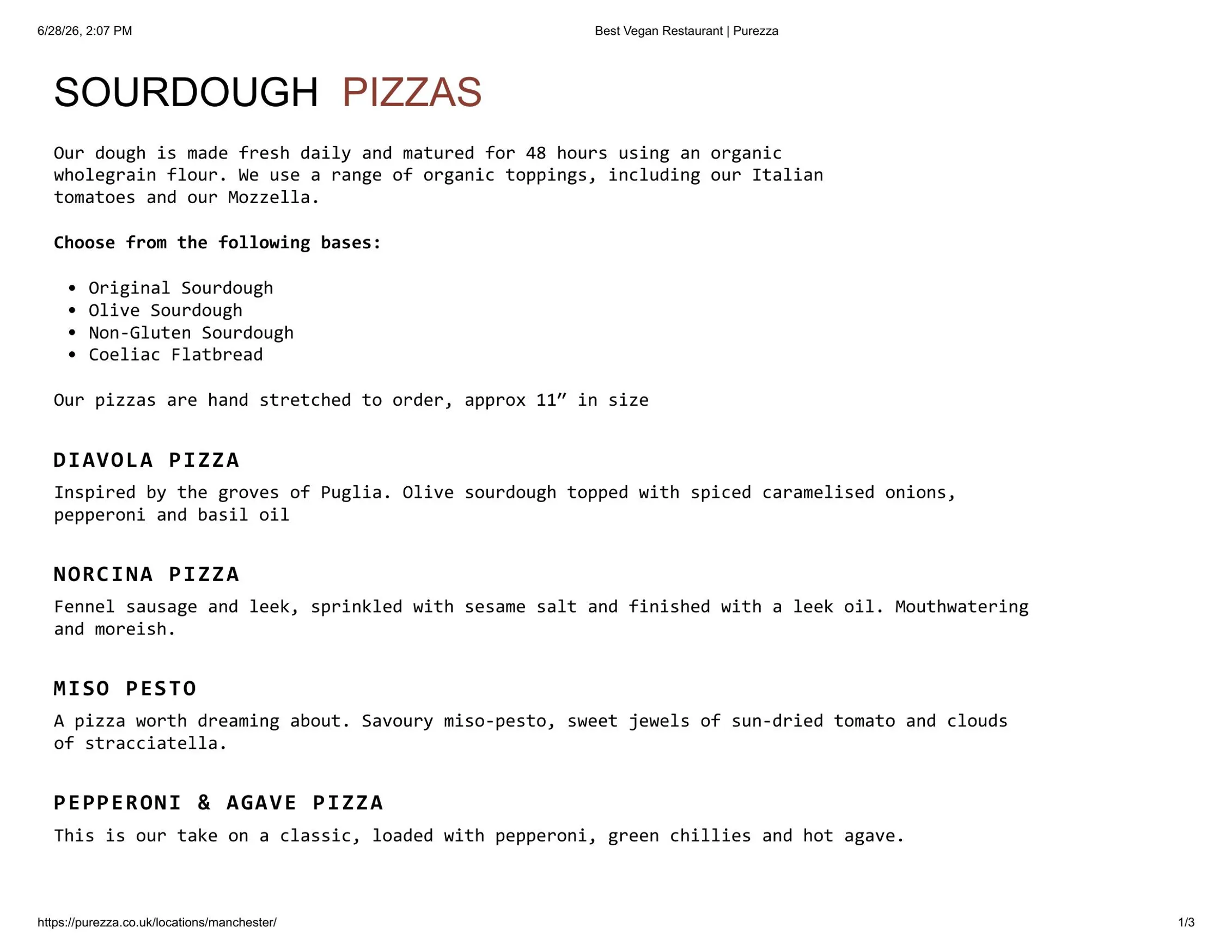 Purezza Manchester menu, page 1