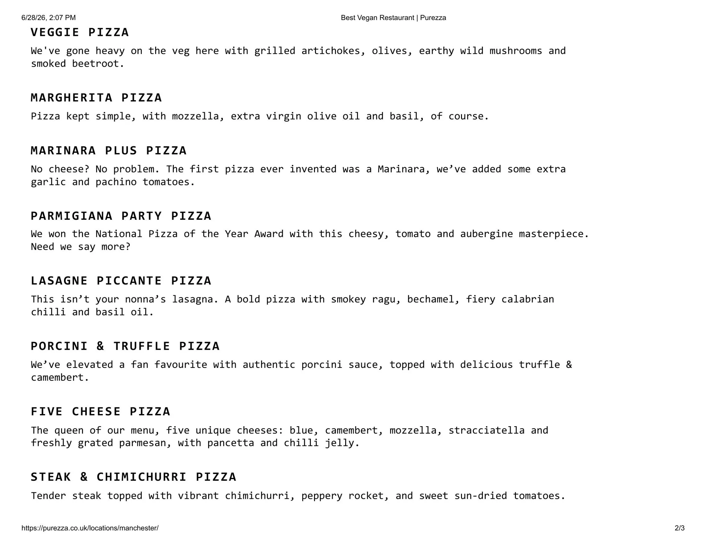 Purezza Manchester menu, page 2